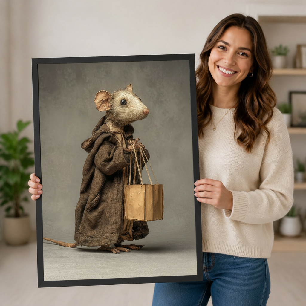 Smiling woman holding a large black-framed dressed mouse carrying paper bag portrait print in a bright home interior