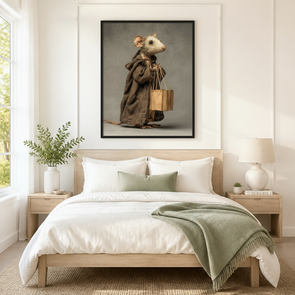 Black framed dressed mouse in hooded robe art print hanging above a light oak bed with white bedding and sage green throw in a minimalist bedroom