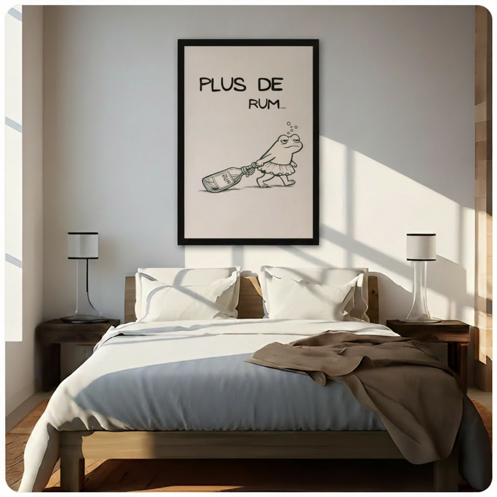 Framed minimalist black and white line art drunk frog in tutu skirt dragging rum bottle with Plus De Rum text canvas print above wooden bed in sunlit minimalist bedroom - funny tipsy frog rum quote wall art on soft cream background for contemporary bedroom home decor