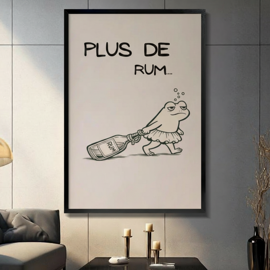 Framed minimalist black and white line art drunk frog in ballet skirt dragging rum bottle with text Plus De Rum canvas print on dark grey tile wall in modern living room - humorous tipsy frog rum poster wall art on cream background for contemporary home decor