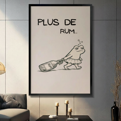 Framed minimalist black and white line art drunk frog in ballet skirt dragging rum bottle with text Plus De Rum canvas print on dark grey tile wall in modern living room - humorous tipsy frog rum poster wall art on cream background for contemporary home decor