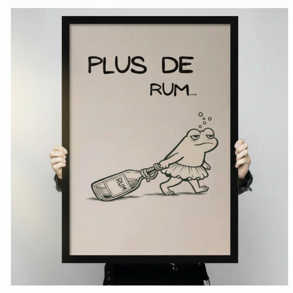 Person holding large framed minimalist black and white line art drunk frog in ballet skirt dragging rum bottle with Plus De Rum text canvas print with both hands - close up view of humorous tipsy frog rum quote poster wall art on cream background with black frame finish