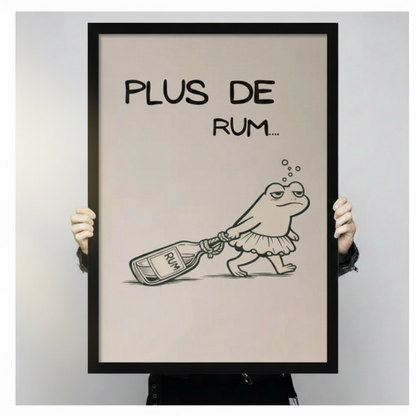 Person holding large framed minimalist black and white line art drunk frog in ballet skirt dragging rum bottle with Plus De Rum text canvas print with both hands - close up view of humorous tipsy frog rum quote poster wall art on cream background with black frame finish