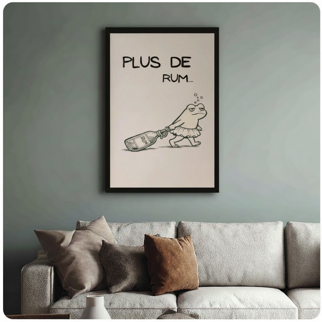 Framed minimalist black and white line art drunk frog in ballet skirt dragging rum bottle with Plus De Rum text canvas print above cream sofa on sage blue-grey wall - humorous tipsy frog rum quote poster wall art on cream background for stylish living room decor