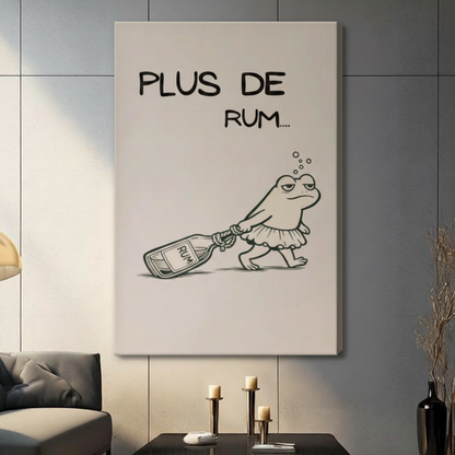 Unframed minimalist black and white line art drunk frog in tutu skirt dragging rum bottle with Plus De Rum text canvas print on dark grey tile wall in contemporary living room - funny tipsy frog rum quote wall art on soft cream background for modern interior decor