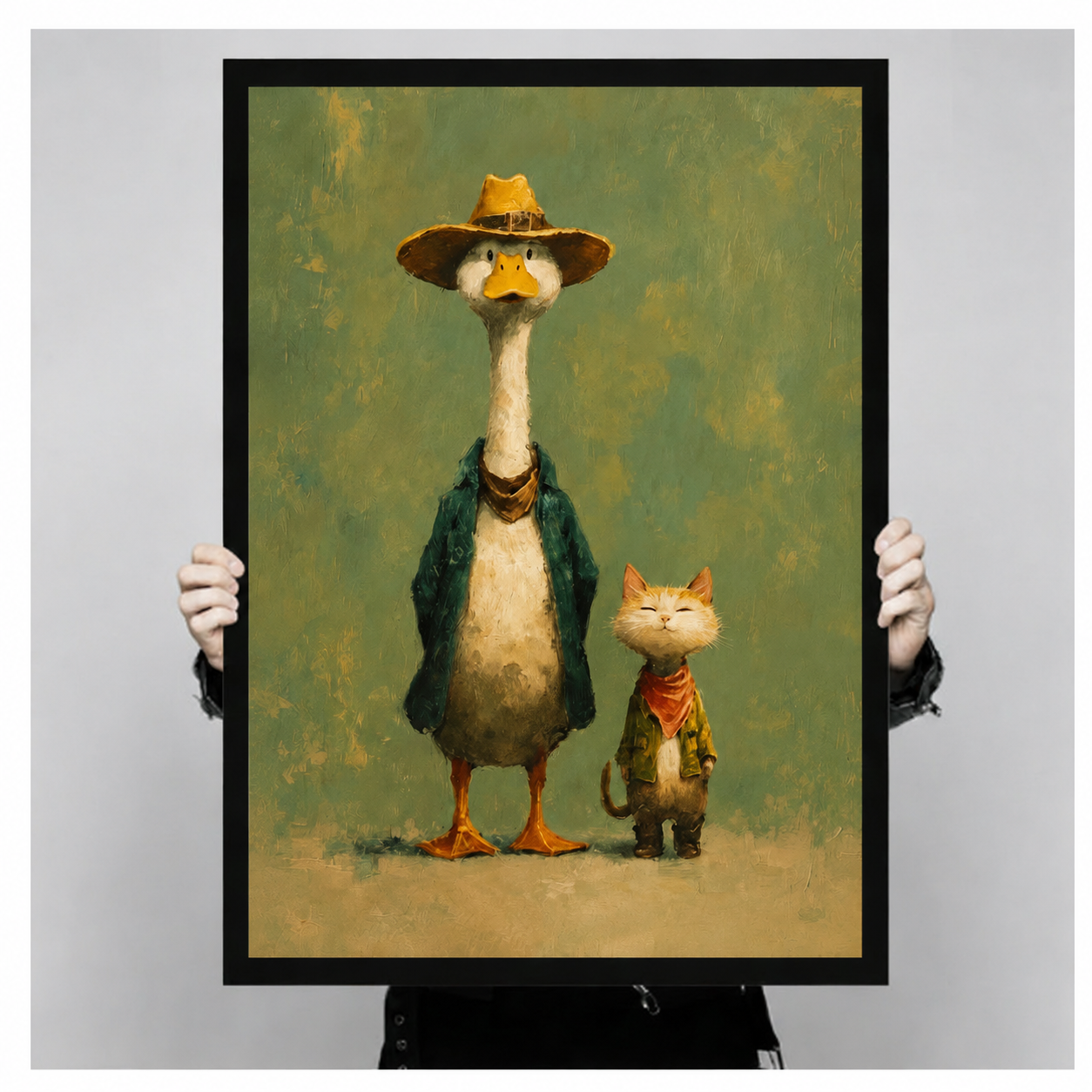 Person holding large black framed art print featuring whimsical duck in yellow hat and cat in red bandana vintage oil painting