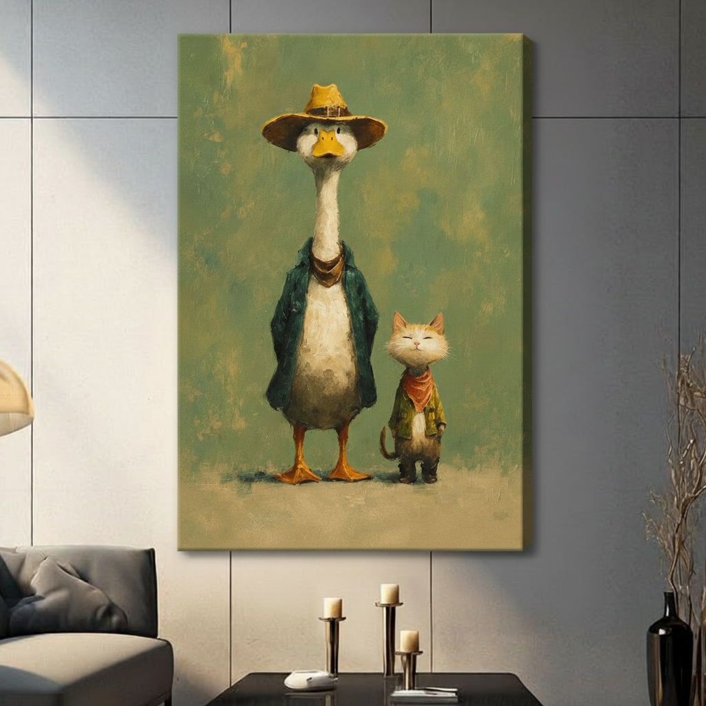 Frameless canvas print of whimsical duck and cat duo in vintage oil painting style hanging on gray wall in contemporary living space
