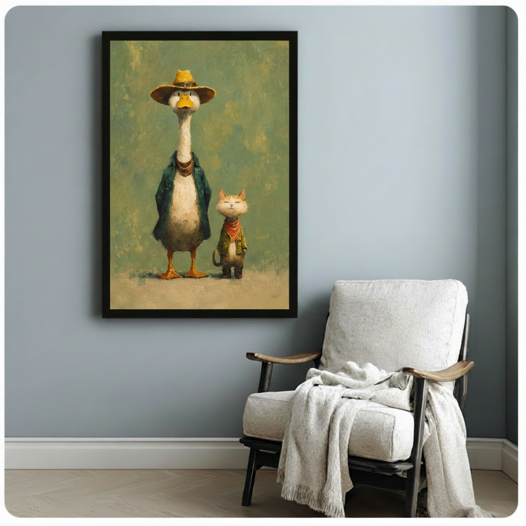 Black framed vintage-style duck and cat illustration poster on light blue-gray wall beside a white linen armchair
