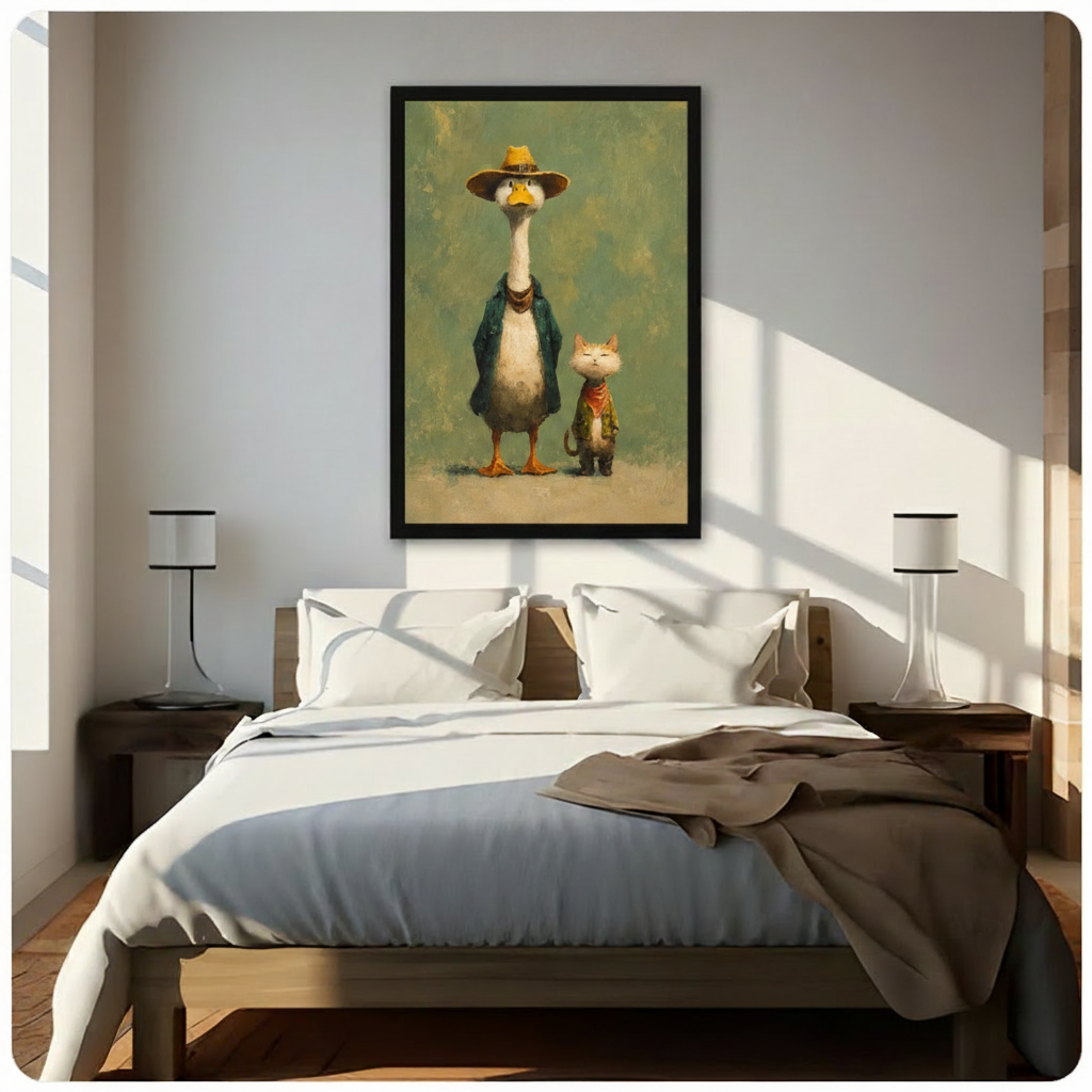Vintage duck and cat duo wall art in black frame mounted above bed in bright Scandinavian-style bedroom with warm natural light