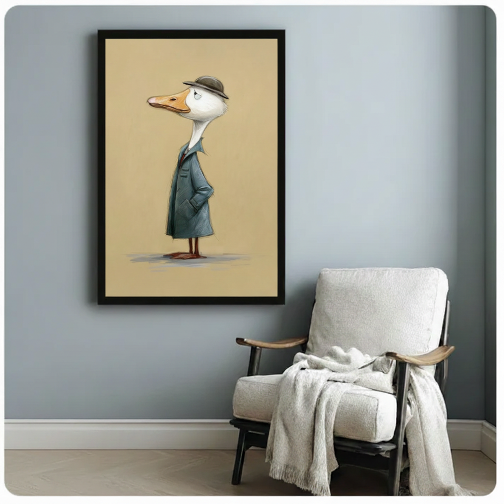 Duck detective framed canvas art above cream sofa with wood coffee table — quirky character print for transitional American interior