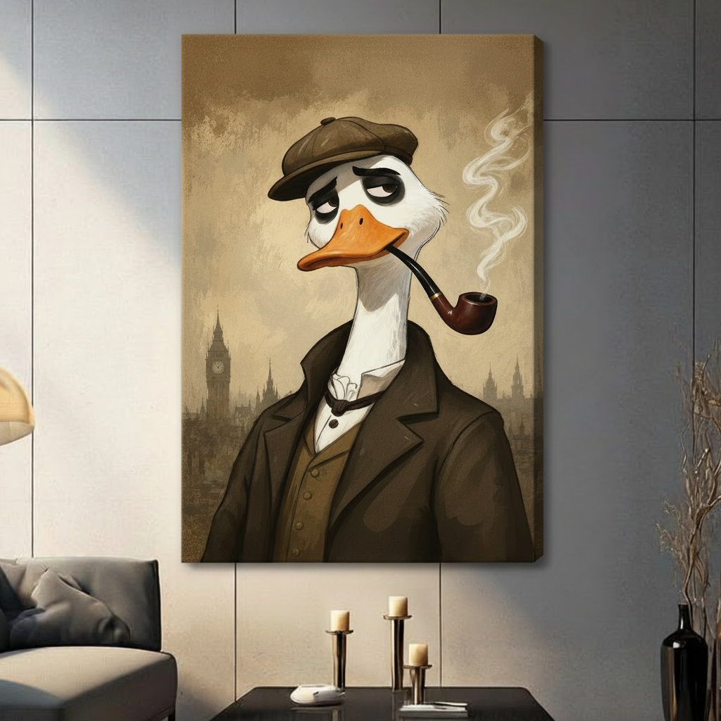 Large canvas duck detective art print in dark luxury living room with candles and dramatic lighting
