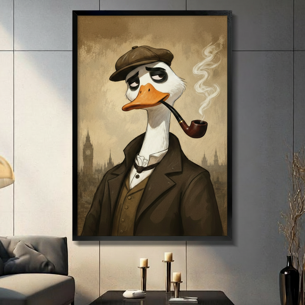 Framed duck with pipe canvas wall art in grey interior, Victorian London skyline background