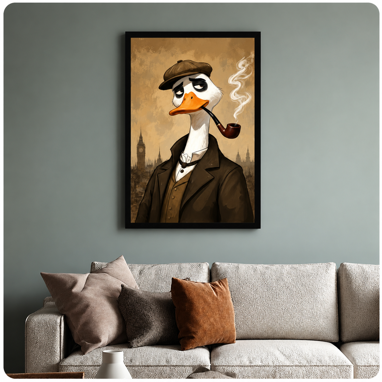 Victorian duck portrait poster in black frame above sofa, moody teal wall home decor