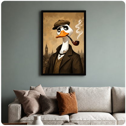 Victorian duck portrait poster in black frame above sofa, moody teal wall home decor