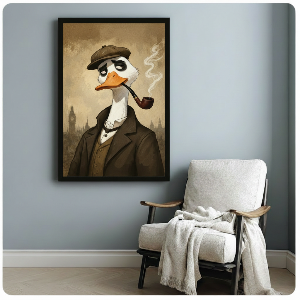 Framed duck detective wall art print displayed in a modern living room with grey walls and accent chair