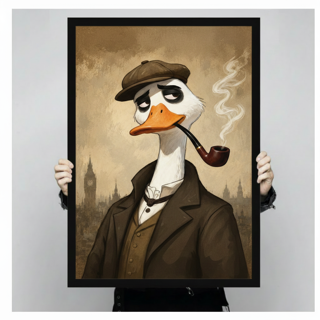 Vintage-style anthropomorphic duck portrait print with pipe and flat cap, held up against neutral background