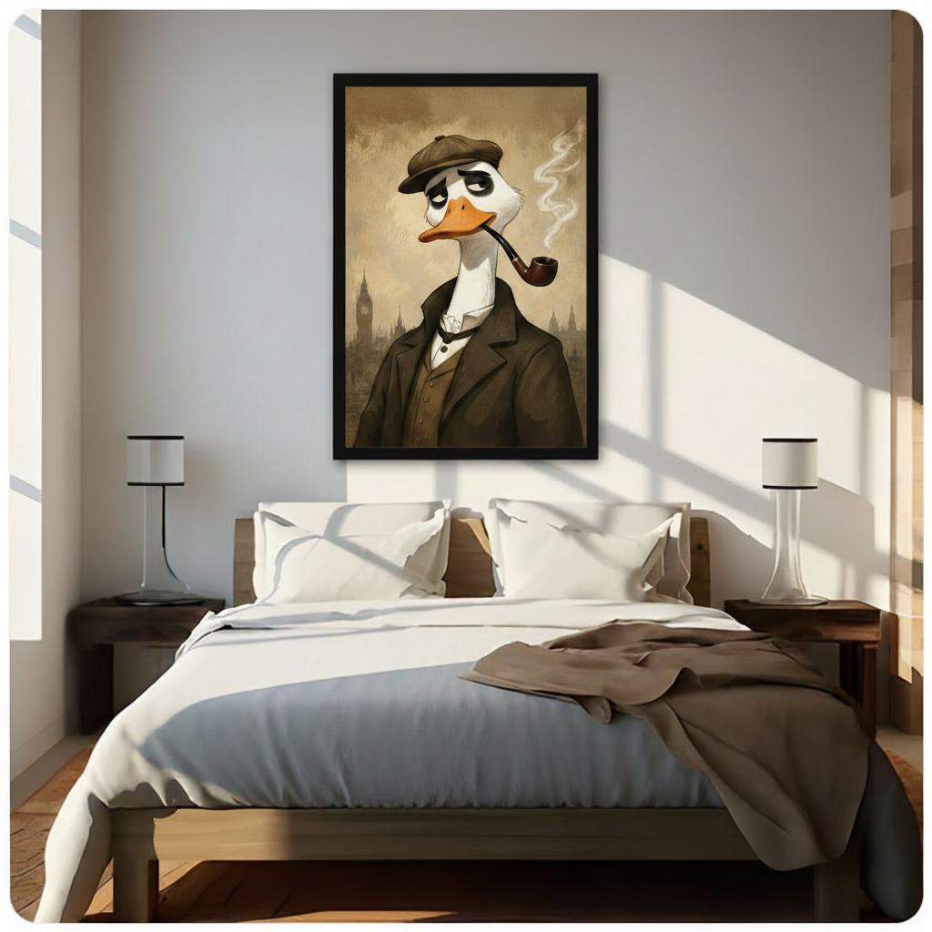 Duck detective framed wall art hanging above bed in minimalist bedroom interior decor setting