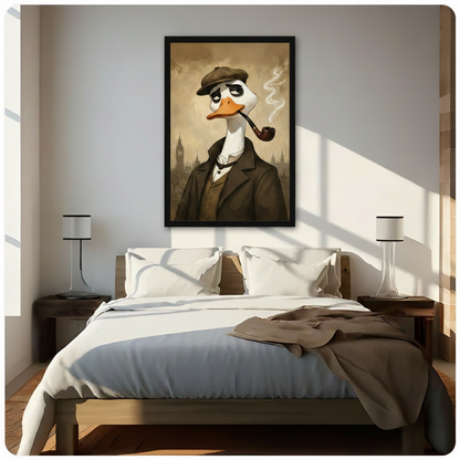 Duck detective framed wall art hanging above bed in minimalist bedroom interior decor setting