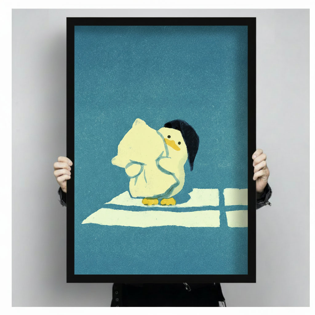 Two hands holding large black framed duck hugging cat art print teal blue background funny animal wall art product display