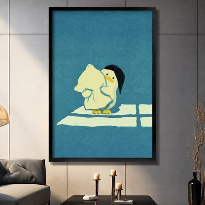 Cute duck hugging cat black framed canvas print hanging on gray panel wall above dark console table with gold candlesticks in modern living room