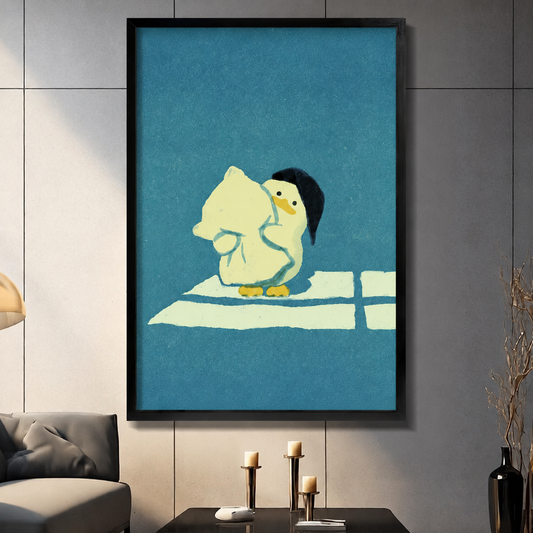 Cute duck hugging cat black framed canvas print hanging on gray panel wall above dark console table with gold candlesticks in modern living room