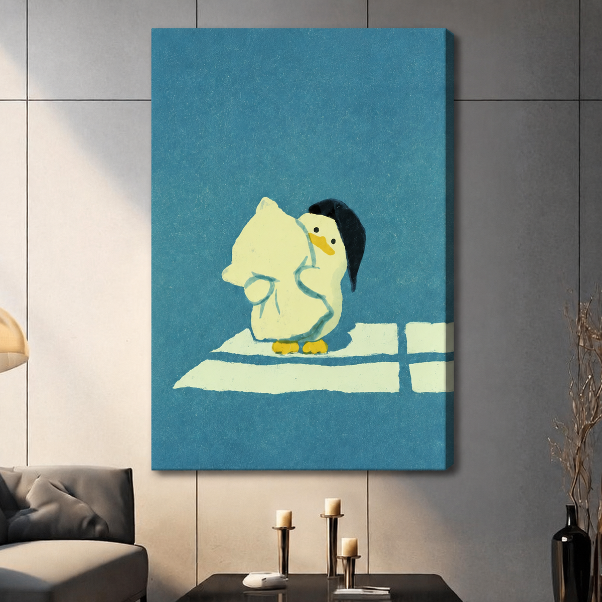 Funny duck hugging cat gallery wrapped canvas wall art on gray panel wall with ambient side lighting above dark table with candles and black vase