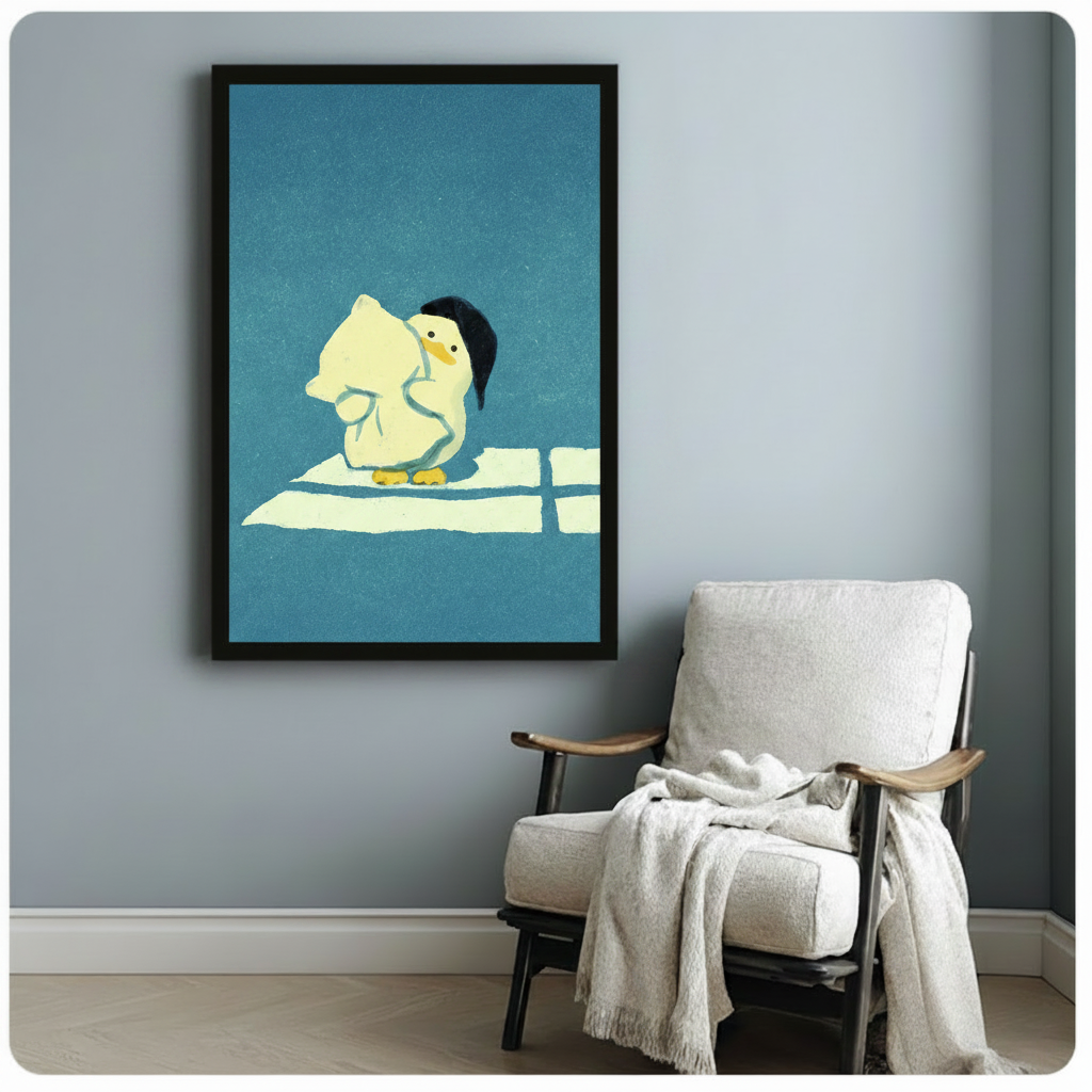 Adorable duck with black hat hugging white cat black framed wall art beside white linen accent chair with throw blanket on light blue-gray wall