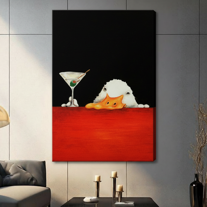 Unframed canvas duck and martini wall art on grey panel wall, bold red and black colour block home decor