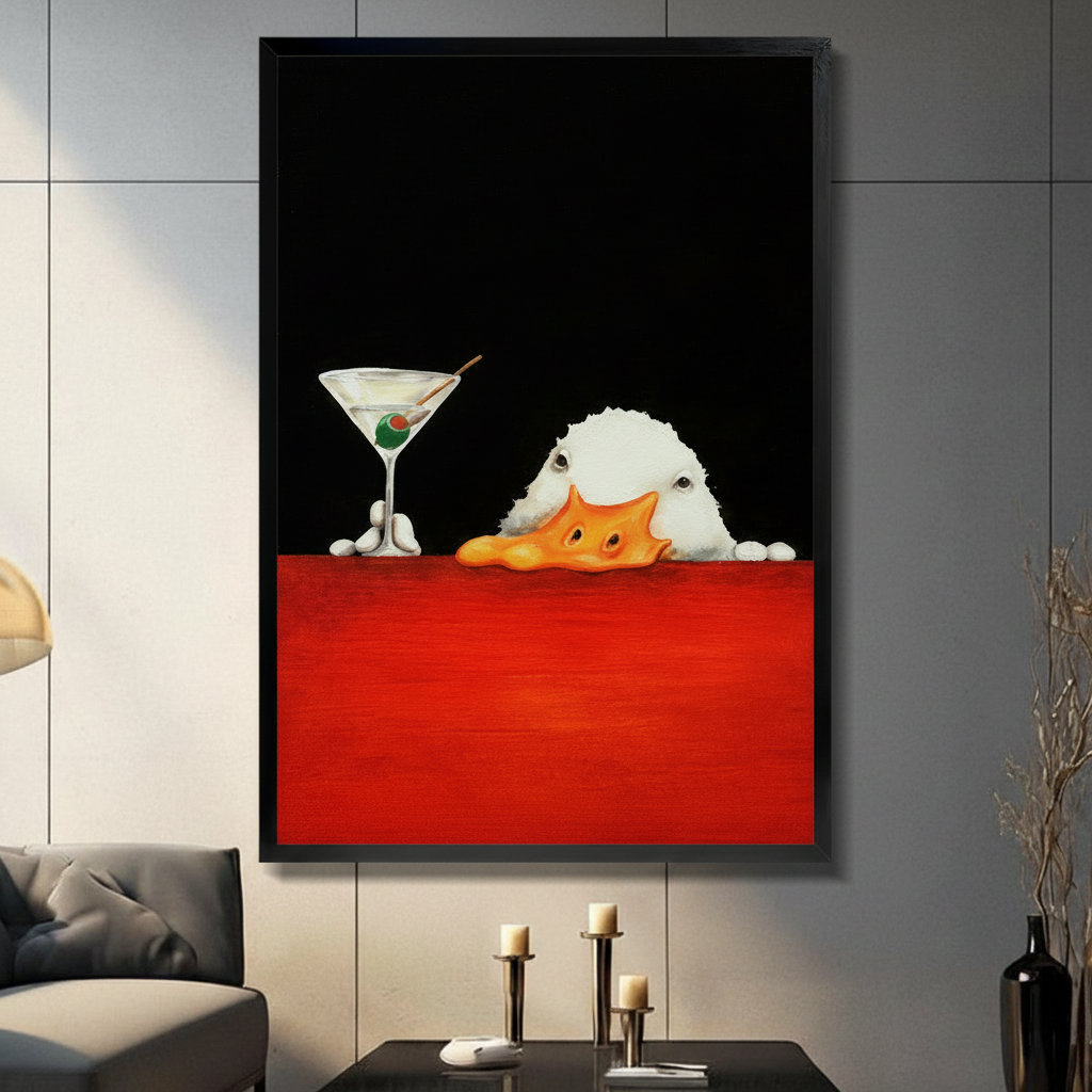 White duck peeking at martini glass framed canvas art on grey panel wall with candles and dark decor