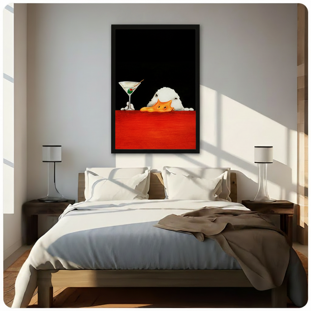 Dark humour duck martini framed wall art hanging above bed in bright sunlit modern bedroom interior