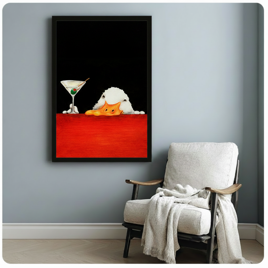 	Framed duck peeking over red bar with martini glass wall art, displayed on grey wall above white accent chair