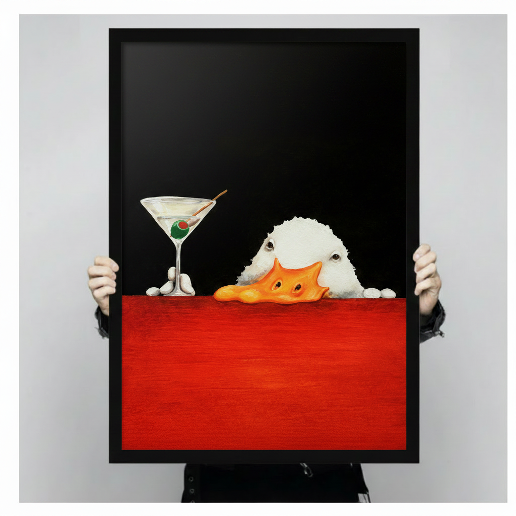 Humorous white duck and olive martini framed canvas print held up against neutral grey background