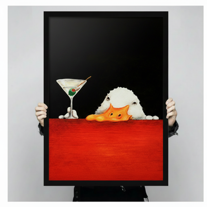 Humorous white duck and olive martini framed canvas print held up against neutral grey background