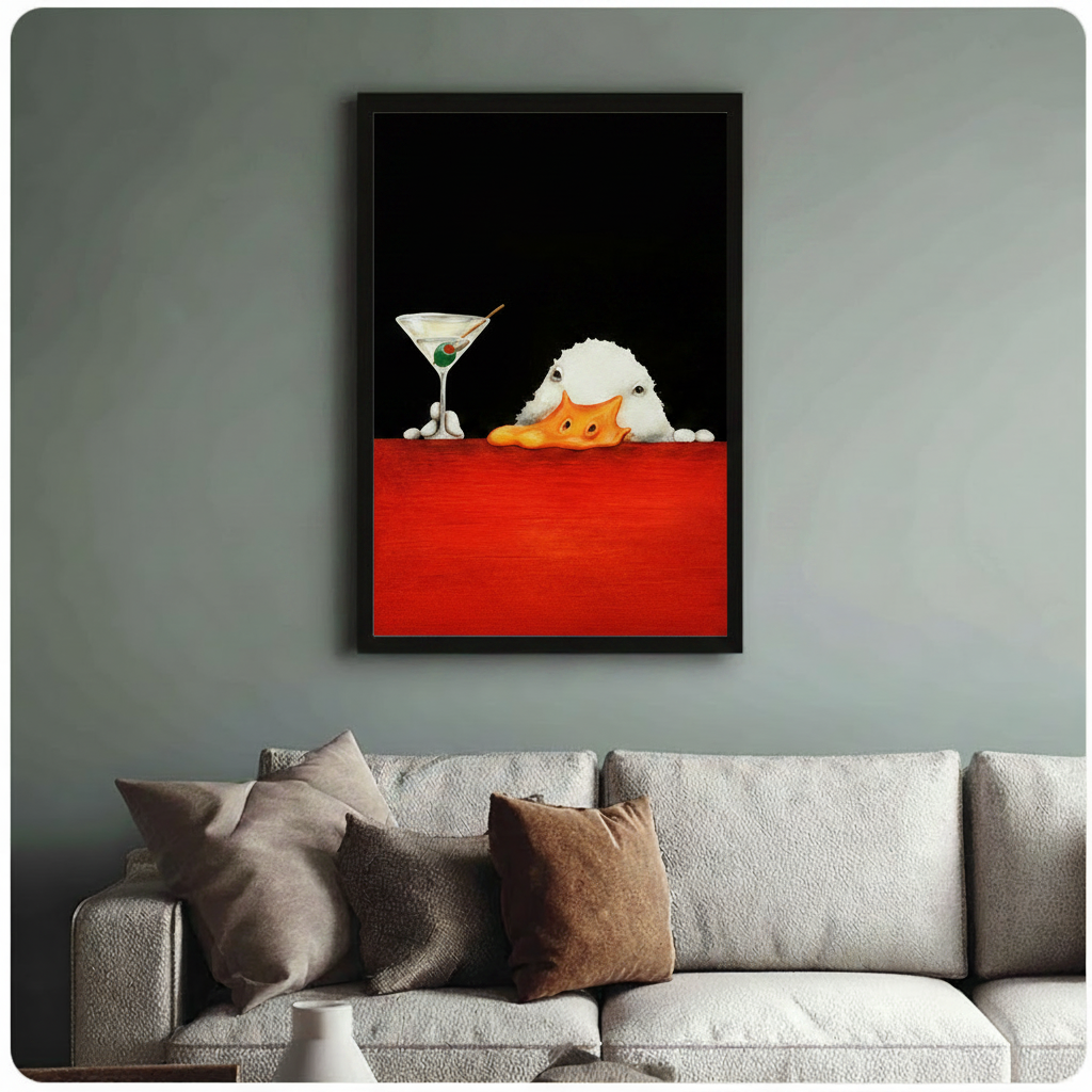 Framed duck martini bar wall art above linen sofa on sage green wall, whimsical dark humour living room decor