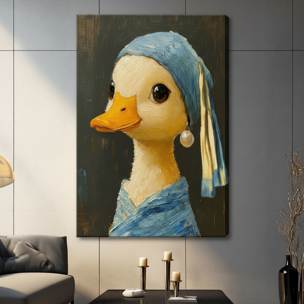 Unframed canvas print of a charming duck portrait with a blue wrap headscarf and dangling pearl earring painted in thick oil brushstrokes, hung in a contemporary grey living room