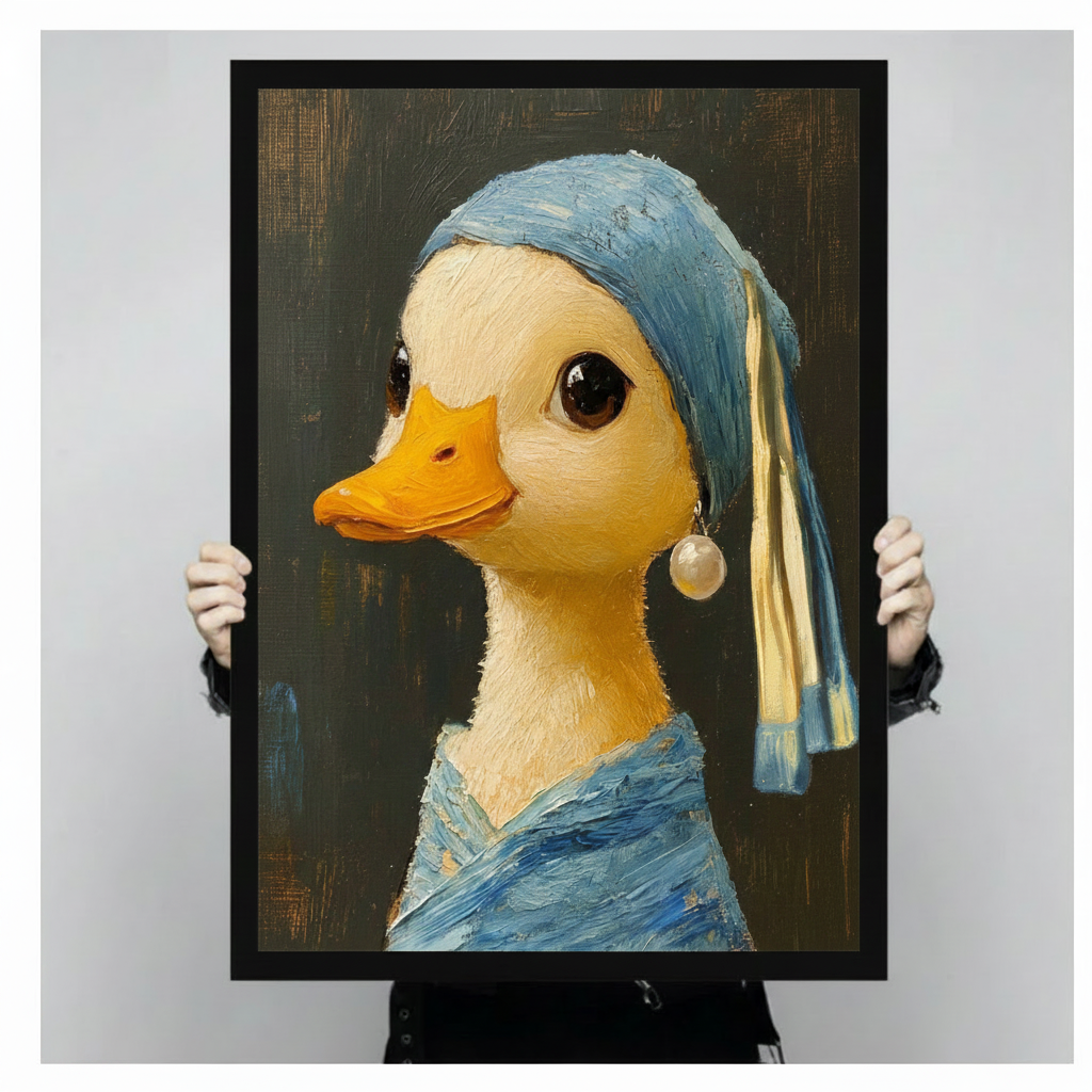 Close-up size reference of a black-framed whimsical duck oil painting print with blue headscarf, pearl earring, and visible impasto brushstroke texture, held by two hands