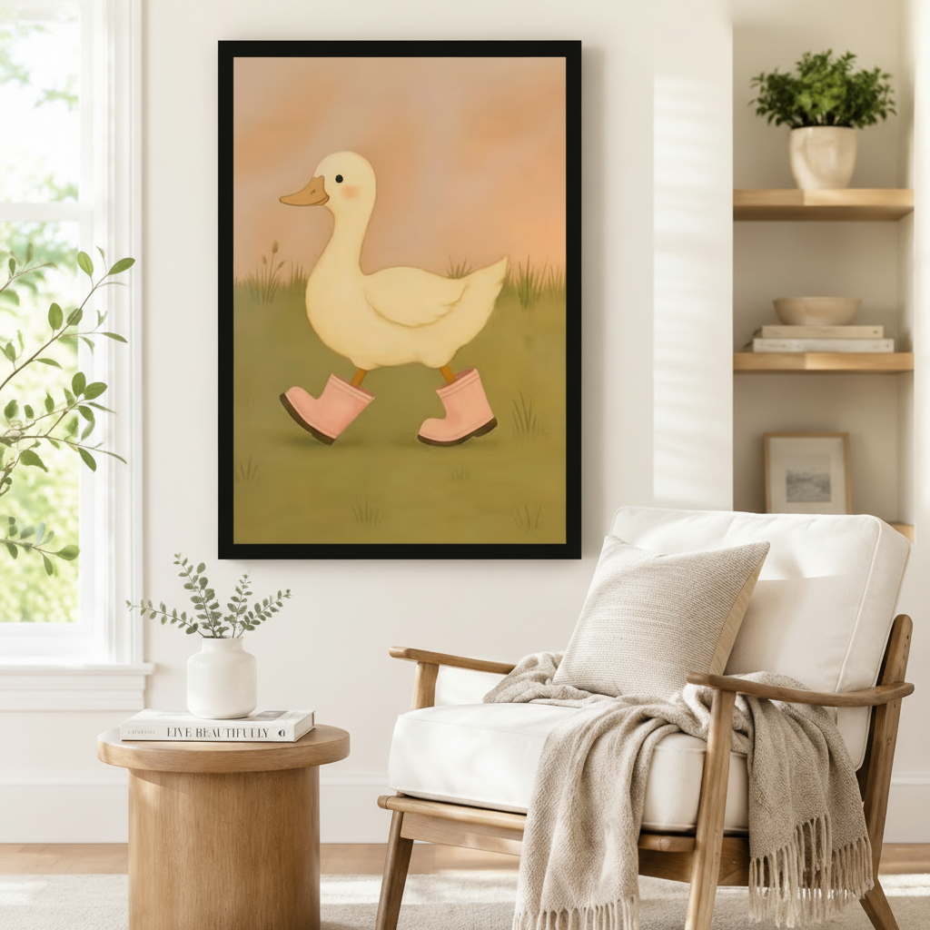Large framed art print featuring a charming white duck in pink rain boots on a warm earthy background, styled beside a linen armchair and round wood side table in a Boho reading corner