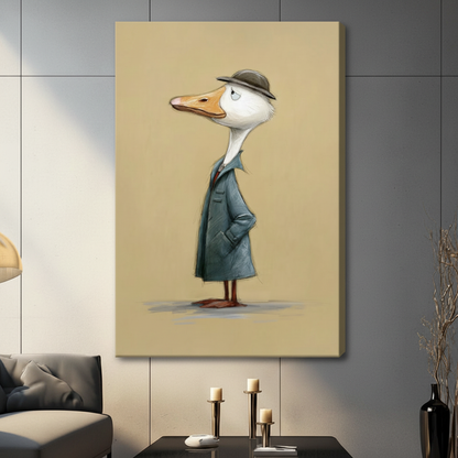 Duck in teal trench coat stretched canvas print on gray wall — frameless gallery wrap animal art for eclectic home decor