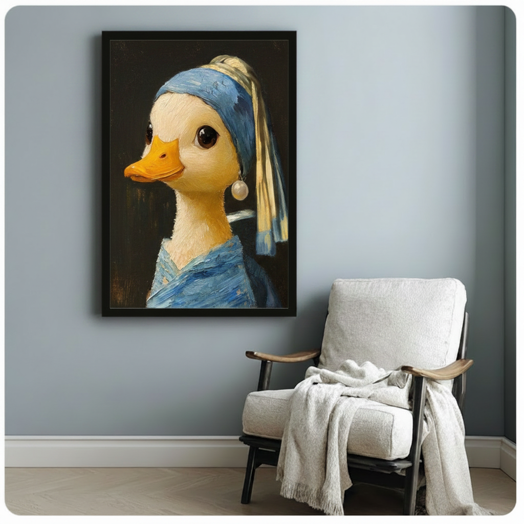 Black-framed duck portrait wall art inspired by Girl with a Pearl Earring, featuring a whimsical duck in blue drapery with a pearl earring, styled on a soft blue-grey wall beside a linen armchair