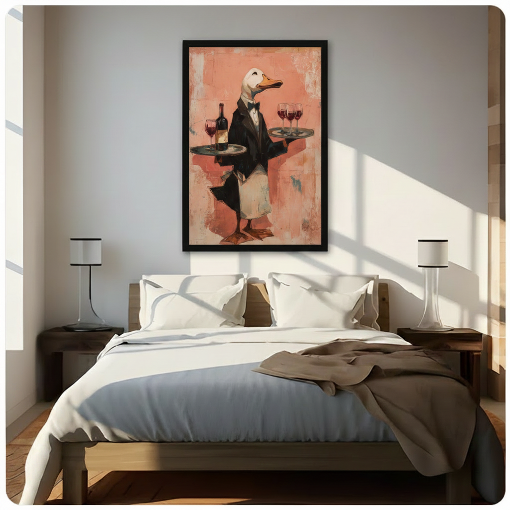 Whimsical duck waiter canvas wall art in black float frame above bed with white bedding and dark wood nightstands, impressionist animal painting with warm salmon pink tones in bright sunlit American bedroom