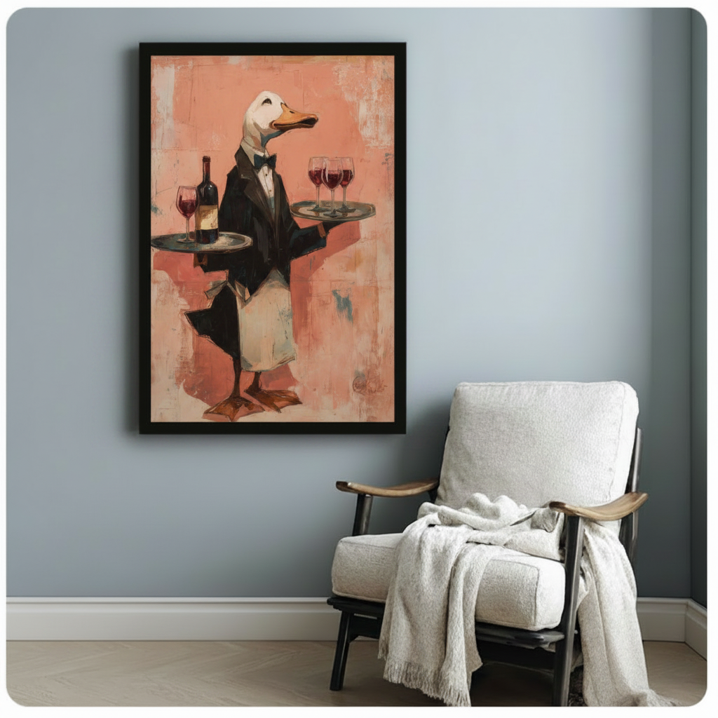 Duck waiter animal art in black tuxedo with red wine trays, salmon pink background oil painting, black float frame canvas on muted blue-gray wall beside white upholstered armchair with linen throw in cozy American interior