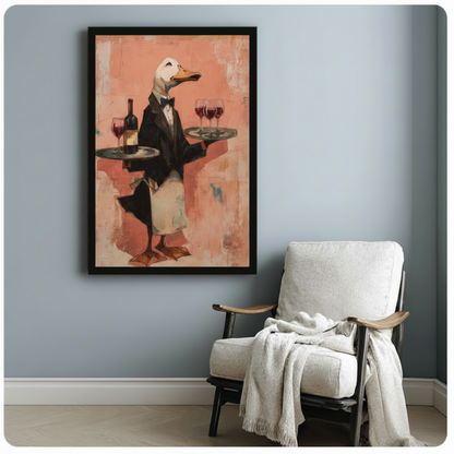 Duck waiter animal art in black tuxedo with red wine trays, salmon pink background oil painting, black float frame canvas on muted blue-gray wall beside white upholstered armchair with linen throw in cozy American interior
