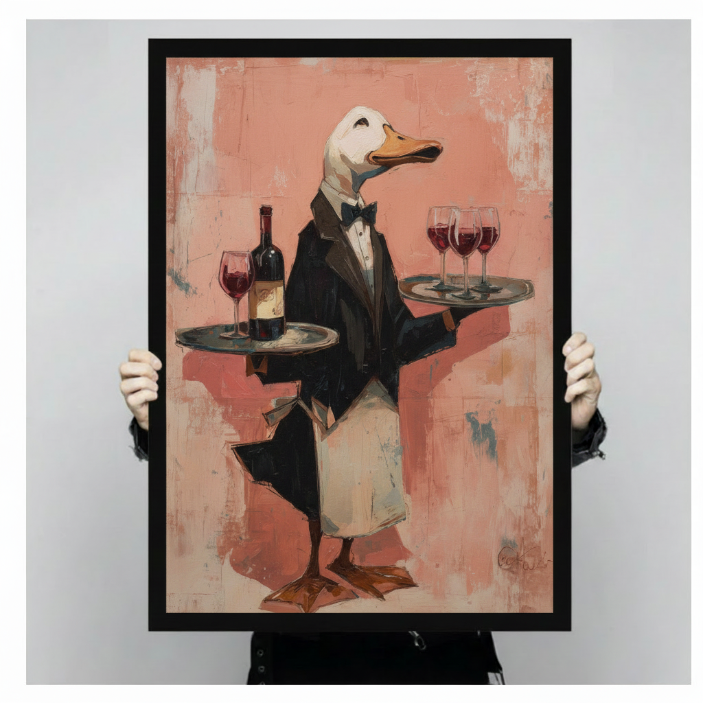 Person holding large black framed canvas print of duck waiter in tuxedo balancing red wine trays, whimsical impressionist animal painting on salmon pink background, studio product shot on gray background