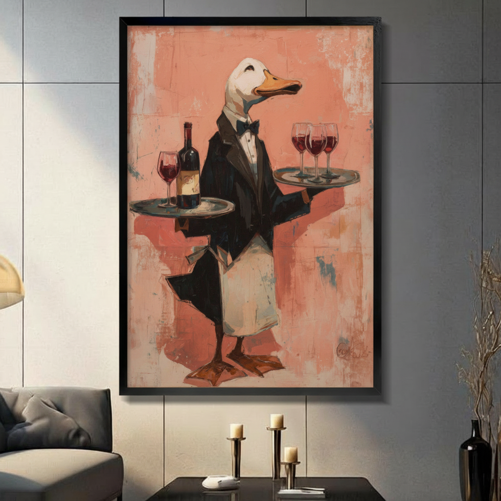 Whimsical duck waiter in black tuxedo holding wine trays, impressionist oil painting style, black float frame canvas wall art hung on gray tile wall above console table with candle holders in modern American living room