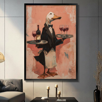 Whimsical duck waiter in black tuxedo holding wine trays, impressionist oil painting style, black float frame canvas wall art hung on gray tile wall above console table with candle holders in modern American living room