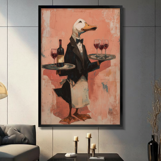 Whimsical duck waiter in black tuxedo holding wine trays, impressionist oil painting style, black float frame canvas wall art hung on gray tile wall above console table with candle holders in modern American living room