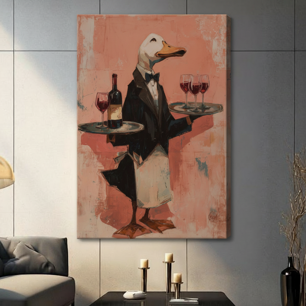 Duck waiter in black tuxedo holding silver wine trays, impressionist oil painting on salmon pink background, frameless gallery wrap stretched canvas hung on gray tile wall above console table with candle holders in modern living room