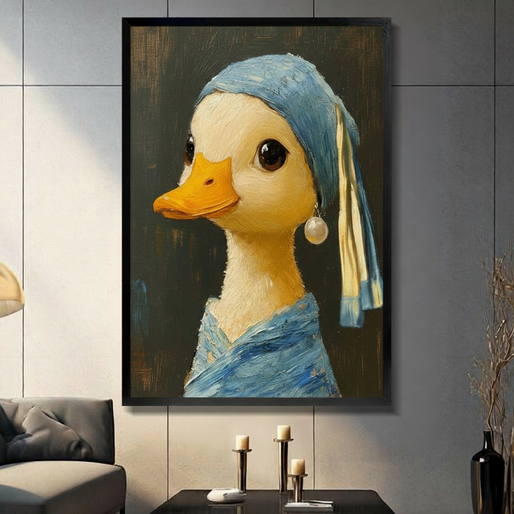 Framed whimsical oil painting wall art of a cute duck wearing a blue headscarf and pearl earring in a Vermeer parody style, displayed in a modern dark grey living room above a console table