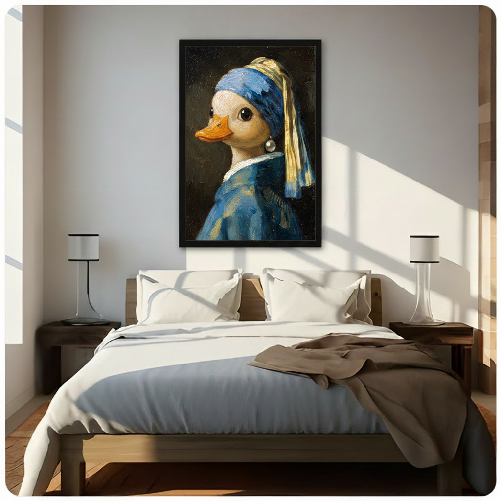 Framed duck portrait wall art in Vermeer parody style with blue headscarf and pearl earring, hung above a wooden bed in a bright sunlit minimalist bedroom