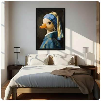 Framed duck portrait wall art in Vermeer parody style with blue headscarf and pearl earring, hung above a wooden bed in a bright sunlit minimalist bedroom